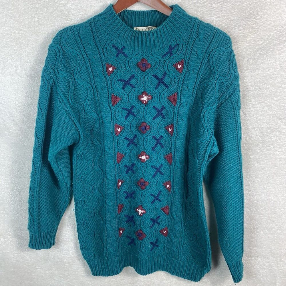 Vintage Gina Peters Teal Floral Knit Granny Sweater Floral Embroidered Size‎ Sm